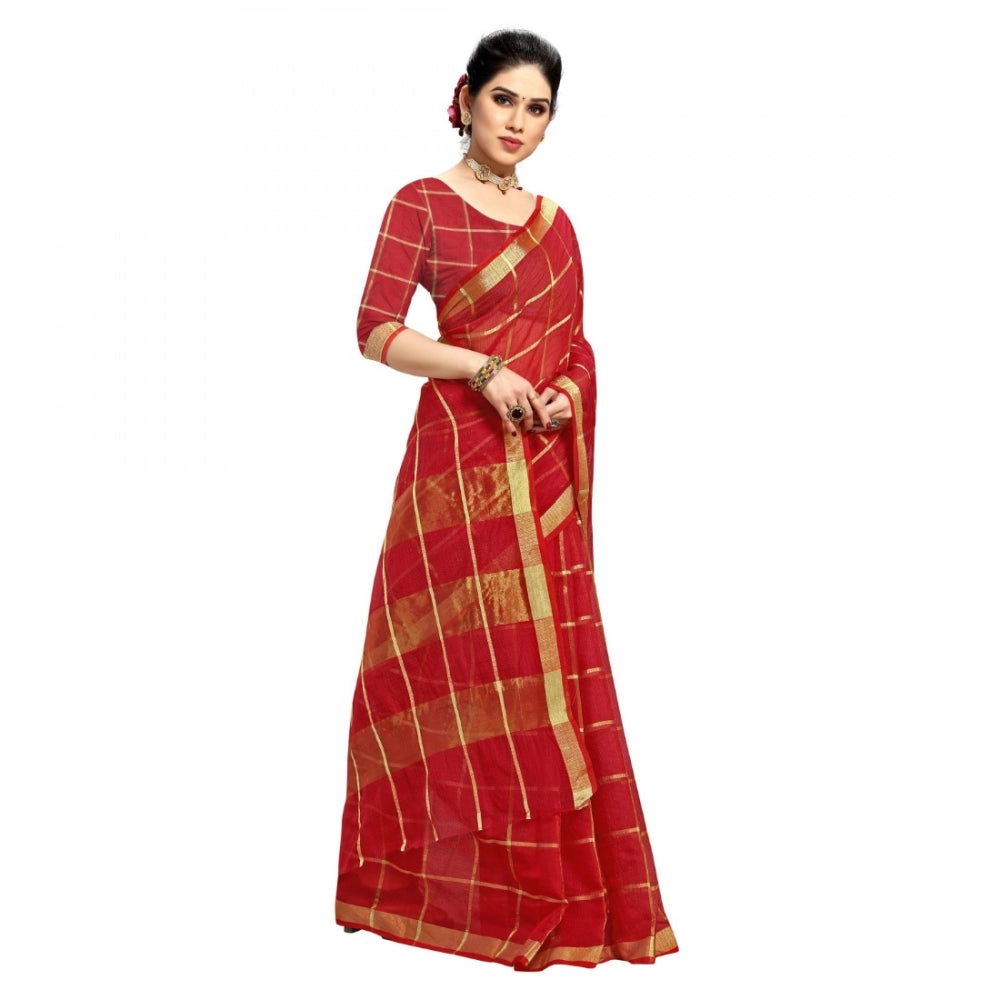 Generic Women's Kota Doria Cotton Checked Saree With Blouse (Red, 5-6 Mtrs)