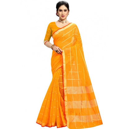 Generic Women's Kota Doria Cotton Checked Saree With Blouse (Yellow, 5-6 Mtrs)