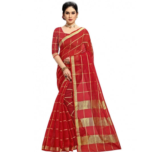 Generic Women's Kota Doria Cotton Checked Saree With Blouse (Red, 5-6 Mtrs)