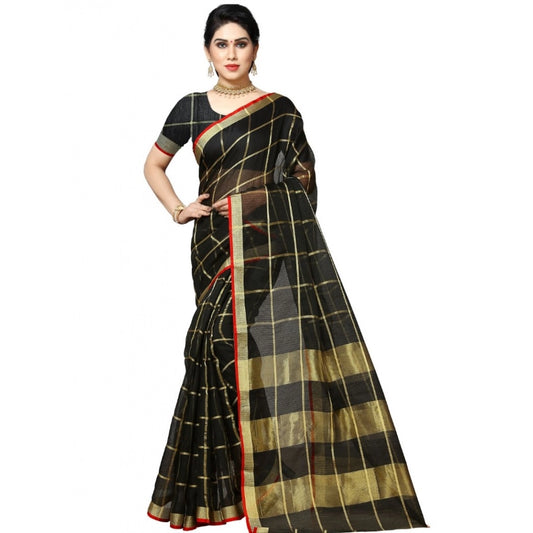 Generic Women's Kota Doria Cotton Checked Saree With Blouse (Black, 5-6 Mtrs)