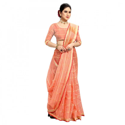 Generic Women's Kota Doria Cotton Checked Saree With Blouse (Peach, 5-6 Mtrs)