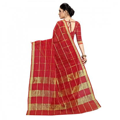 Generic Women's Kota Doria Cotton Checked Saree With Blouse (Red, 5-6 Mtrs)