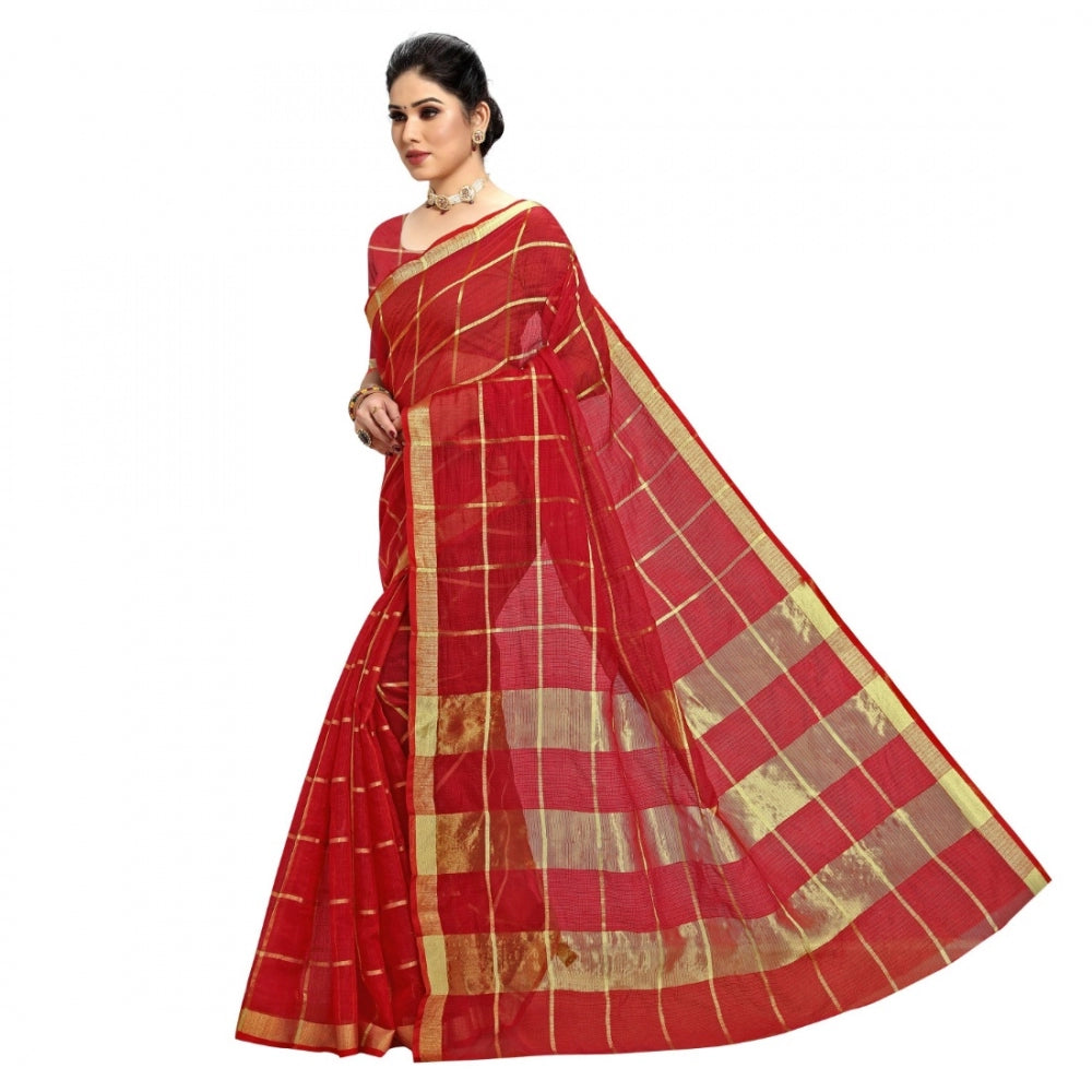 Generic Women's Kota Doria Cotton Checked Saree With Blouse (Red, 5-6 Mtrs)