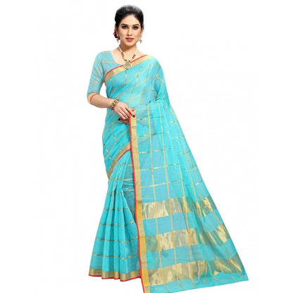 Generic Women's Kota Doria Cotton Checked Saree With Blouse (Sky Blue, 5-6 Mtrs)