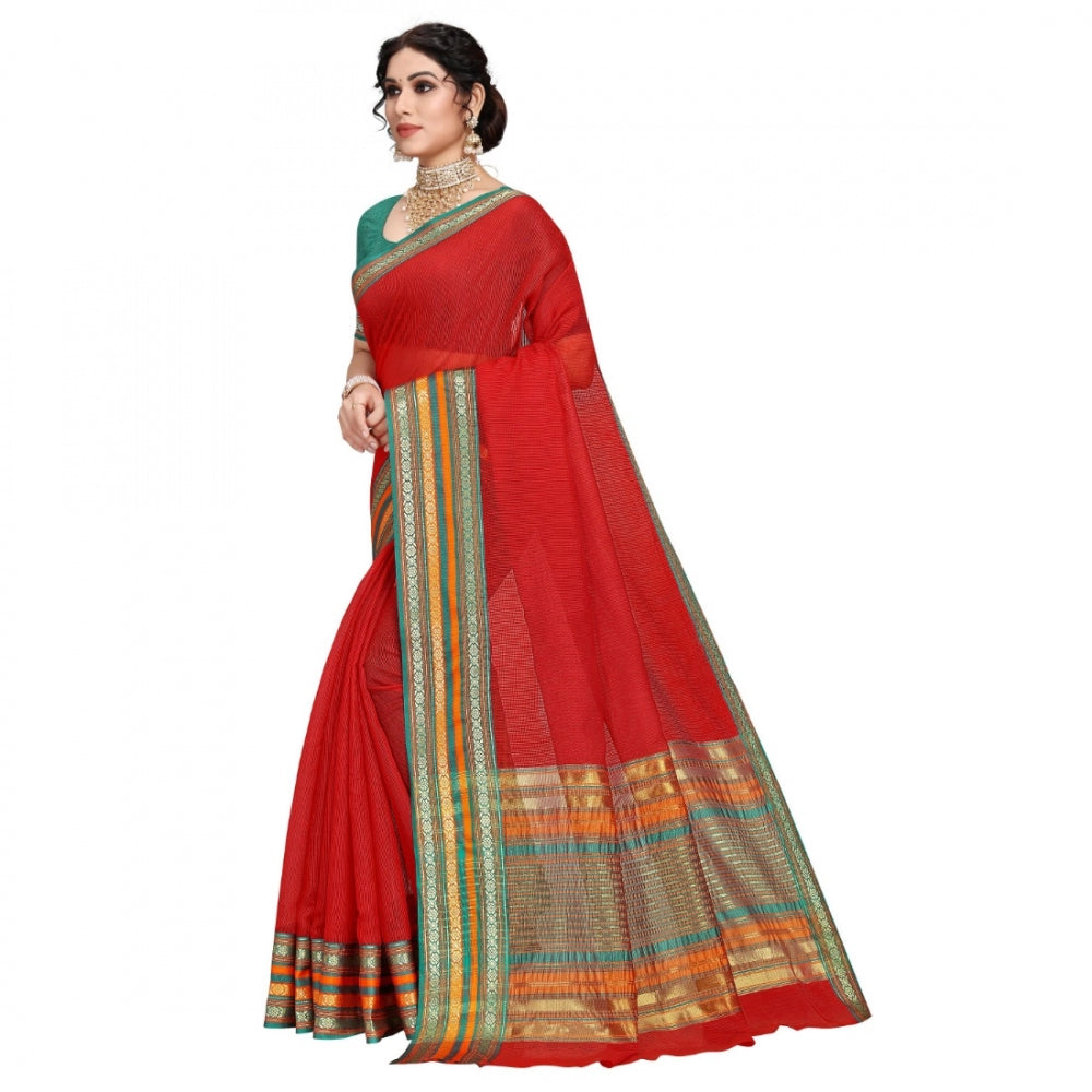 Generic Women's Kota Doria Cotton Bordered Saree With Blouse (Red, 5-6 Mtrs)