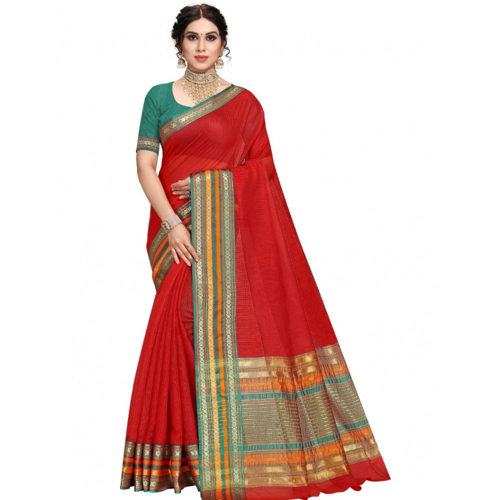 Generic Women's Kota Doria Cotton Bordered Saree With Blouse (Red, 5-6 Mtrs)