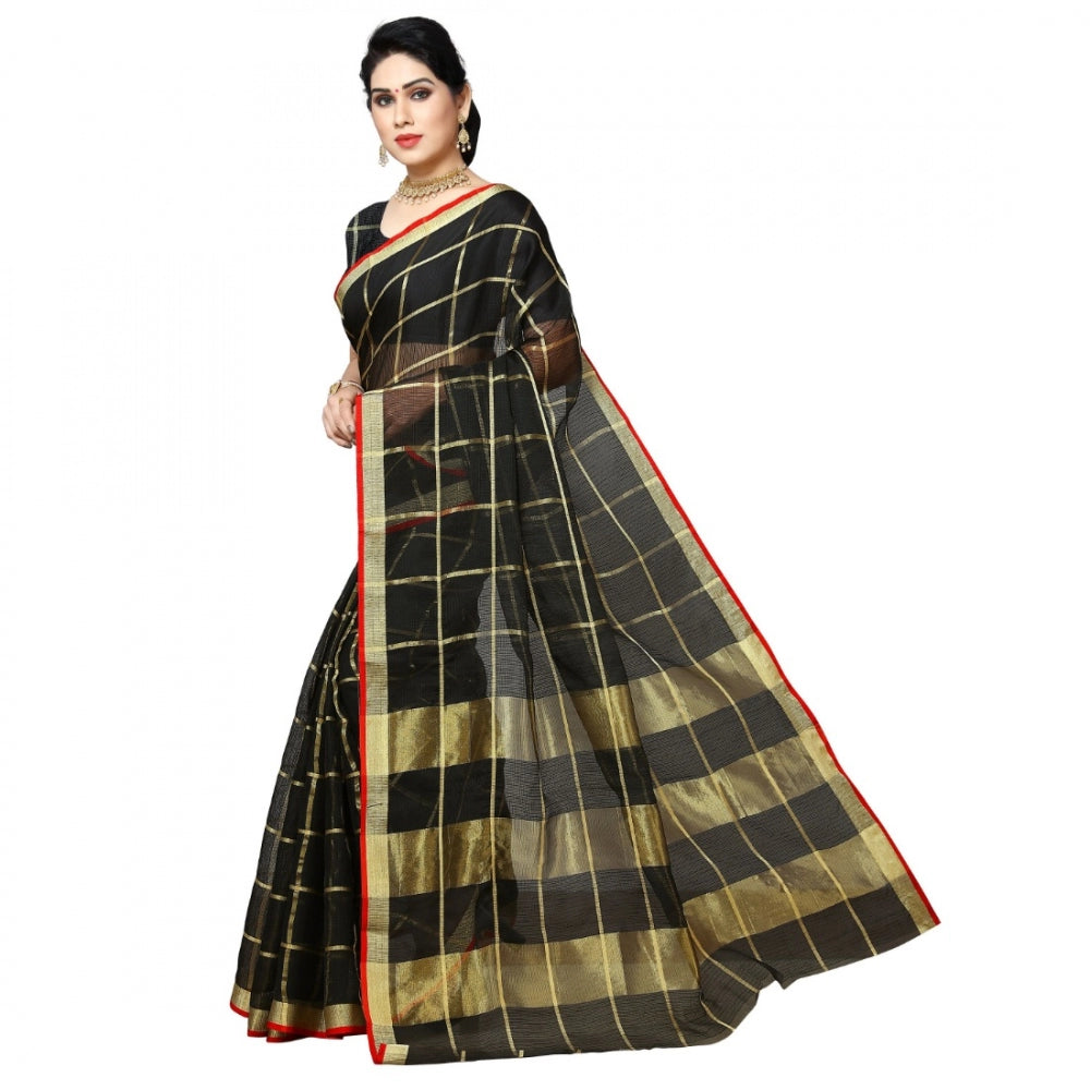 Generic Women's Kota Doria Cotton Checked Saree With Blouse (Black, 5-6 Mtrs)