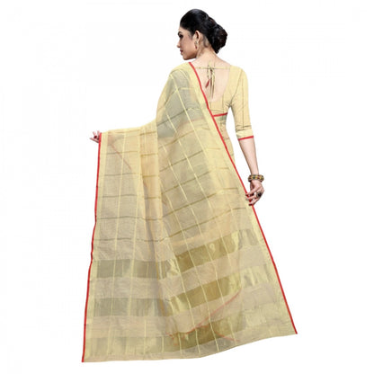 Generic Women's Kota Doria Cotton Checked Saree With Blouse (Beige, 5-6 Mtrs)