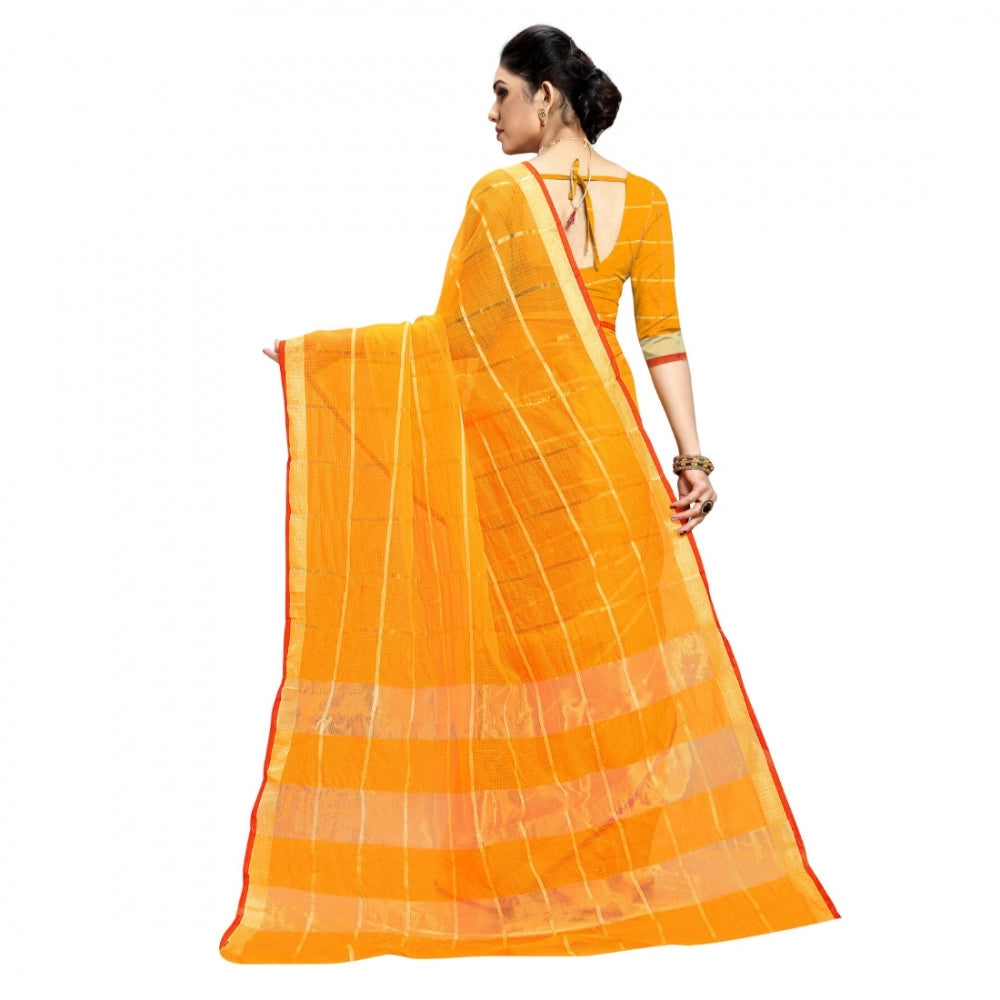 Generic Women's Kota Doria Cotton Checked Saree With Blouse (Yellow, 5-6 Mtrs)