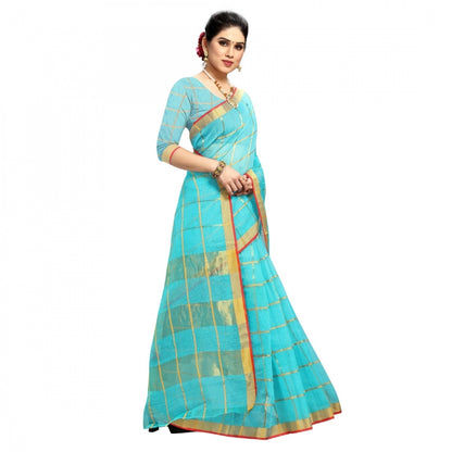 Generic Women's Kota Doria Cotton Checked Saree With Blouse (Sky Blue, 5-6 Mtrs)