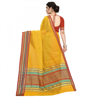 Generic Women's Kota Doria Cotton Bordered Saree With Blouse (Yellow, 5-6 Mtrs)