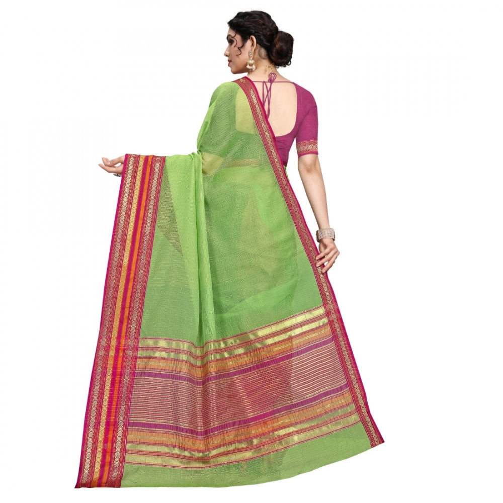 Generic Women's Kota Doria Cotton Bordered Saree With Blouse (Light Green, 5-6 Mtrs)