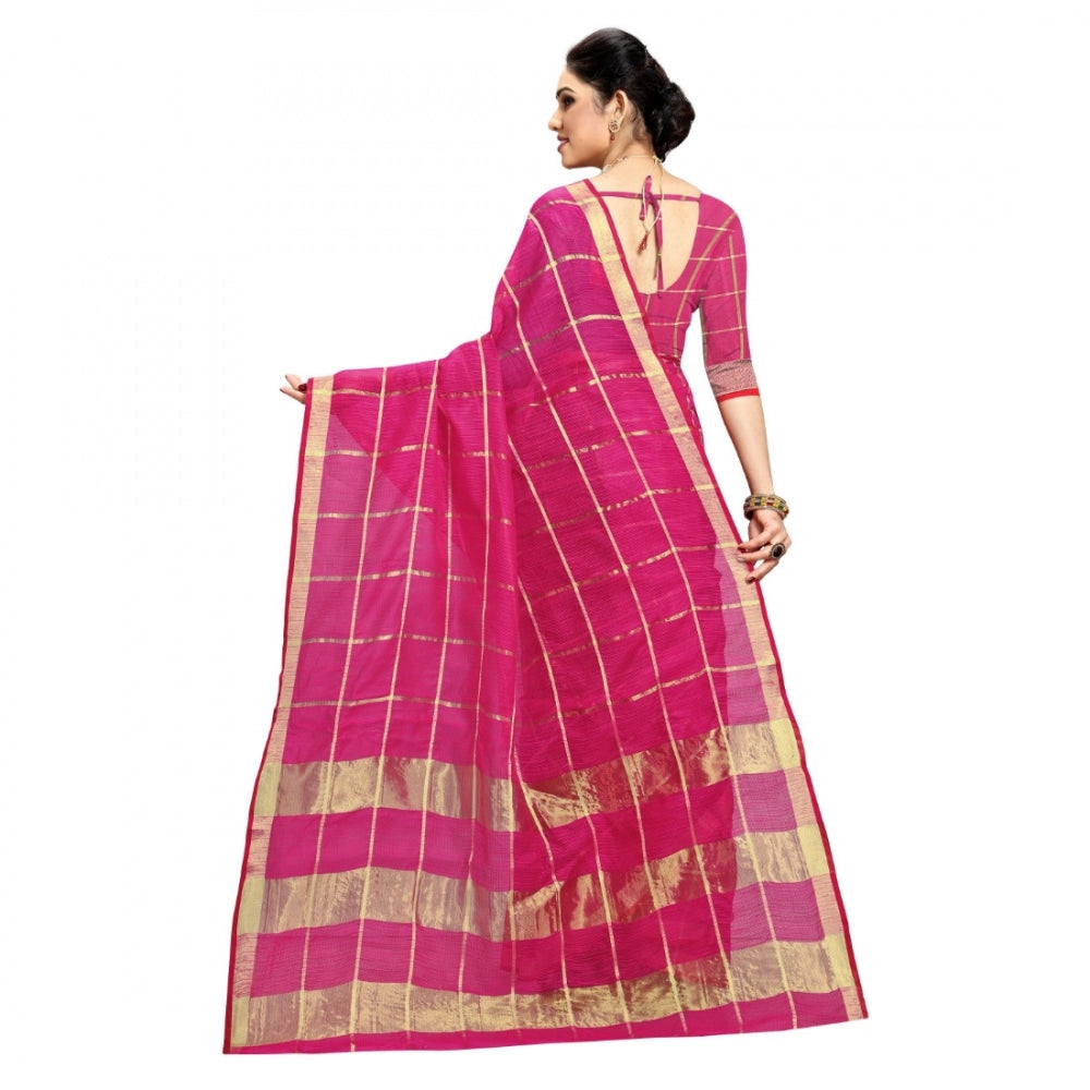 Generic Women's Kota Doria Cotton Checked Saree With Blouse (Rani, 5-6 Mtrs)