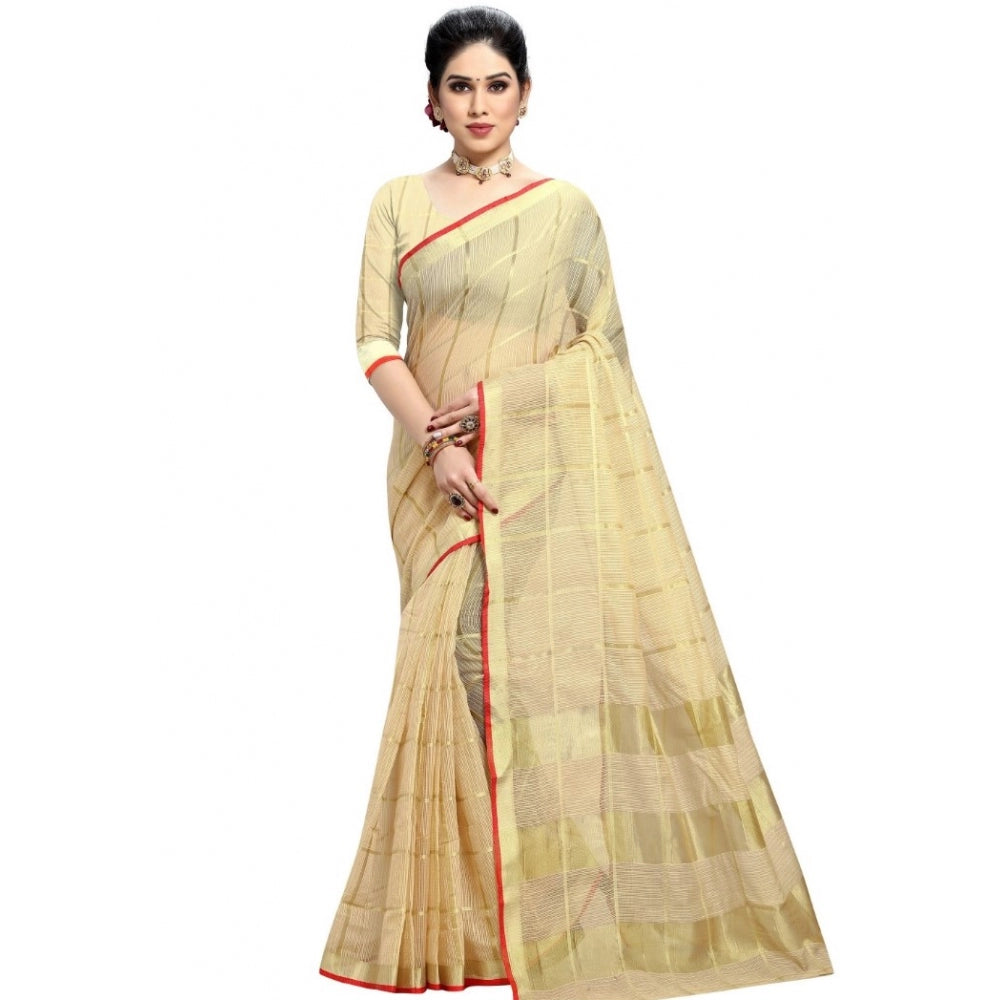 Generic Women's Kota Doria Cotton Checked Saree With Blouse (Beige, 5-6 Mtrs)