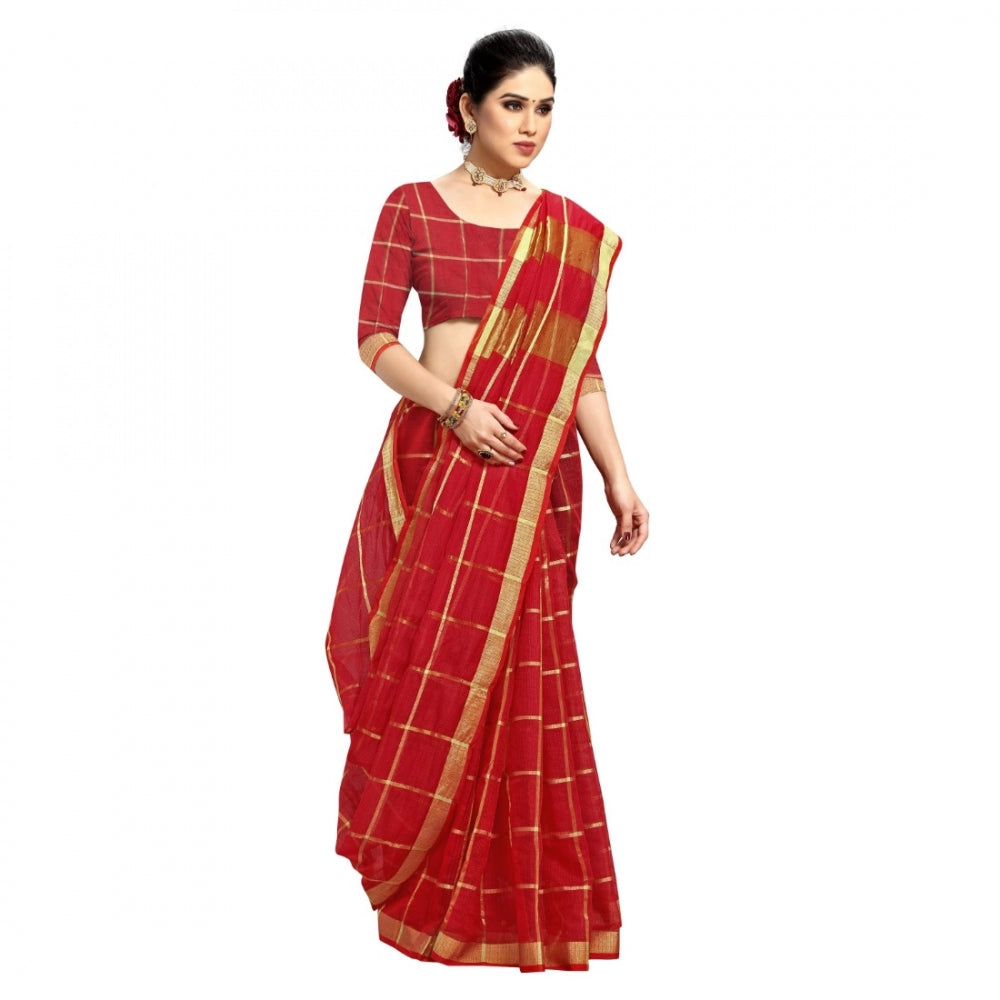 Generic Women's Kota Doria Cotton Checked Saree With Blouse (Red, 5-6 Mtrs)