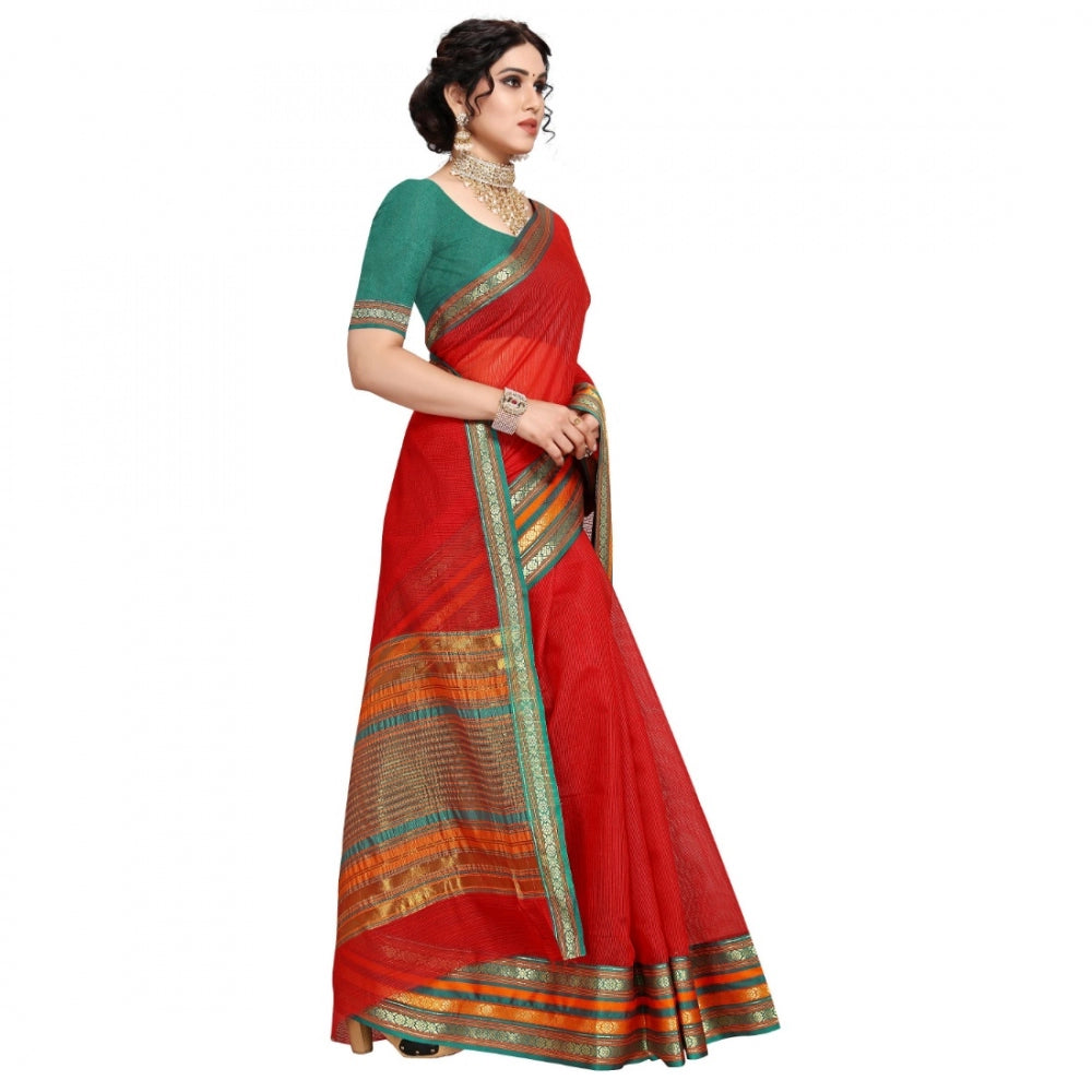 Generic Women's Kota Doria Cotton Bordered Saree With Blouse (Red, 5-6 Mtrs)