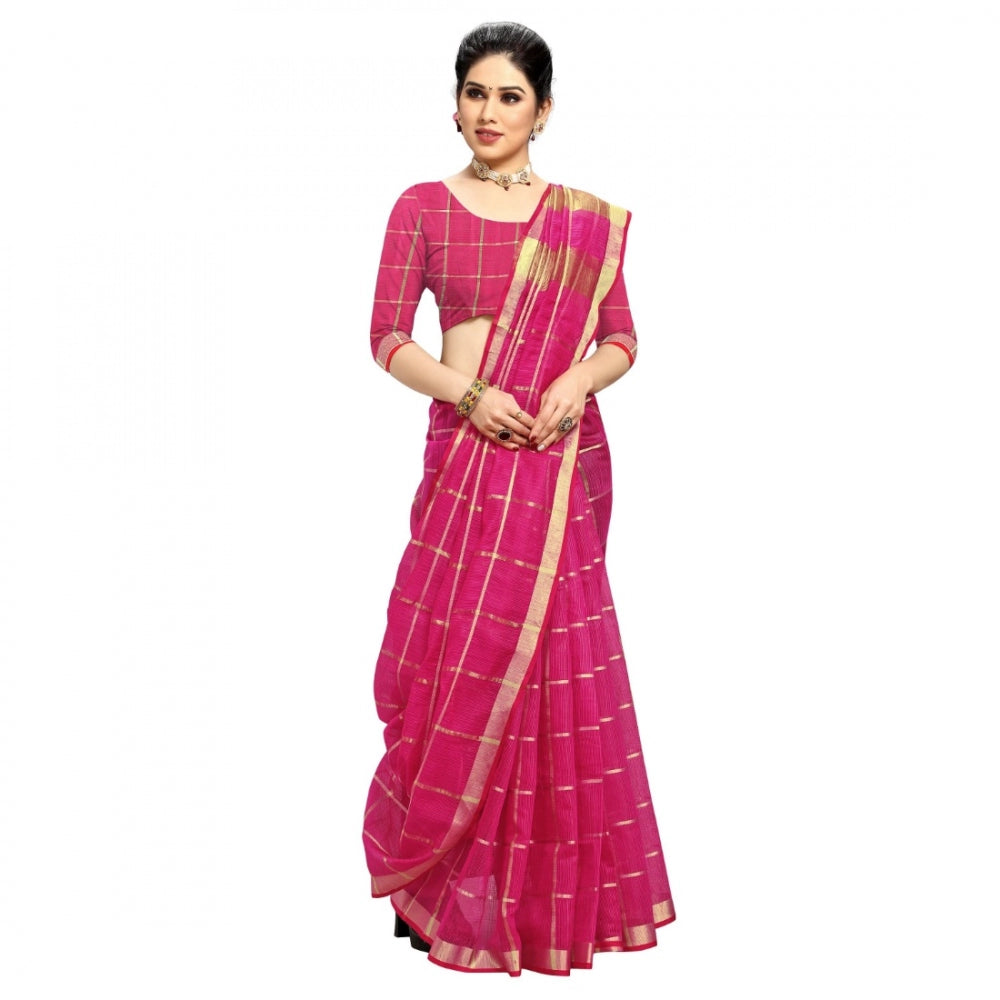 Generic Women's Kota Doria Cotton Checked Saree With Blouse (Rani, 5-6 Mtrs)