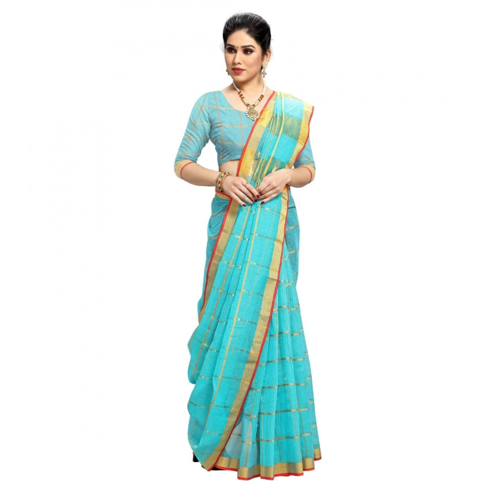 Generic Women's Kota Doria Cotton Checked Saree With Blouse (Sky Blue, 5-6 Mtrs)