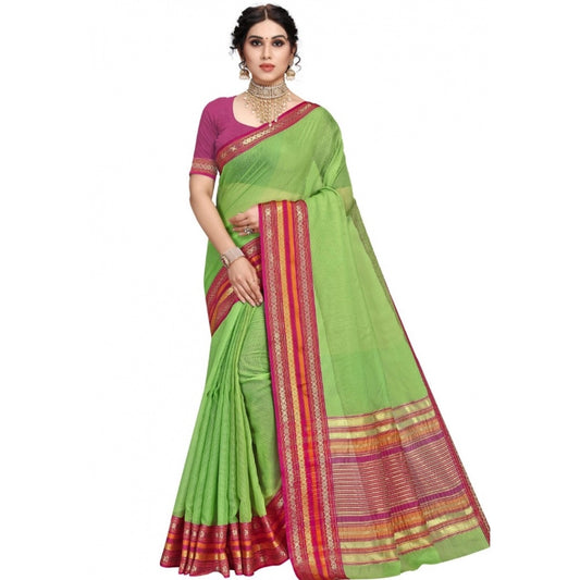 Generic Women's Kota Doria Cotton Bordered Saree With Blouse (Light Green, 5-6 Mtrs)