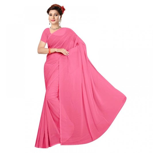 Generic Women's Georgette Plain Saree With Blouse (Pink, 5-6 Mtrs)