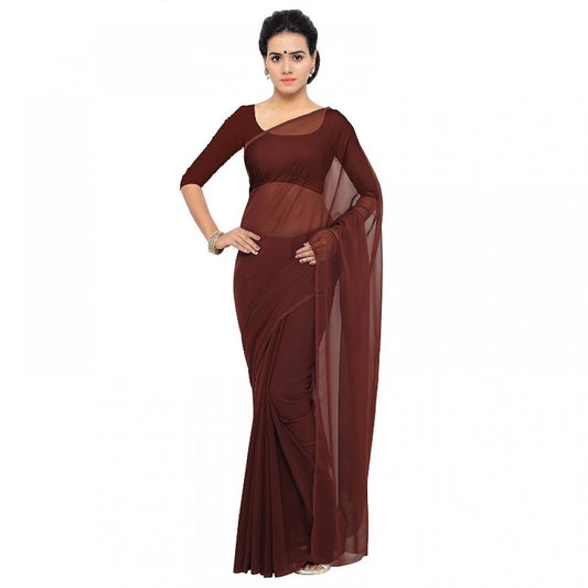 Generic Women's Georgette Plain Saree With Blouse (Coffee, 5-6 Mtrs)