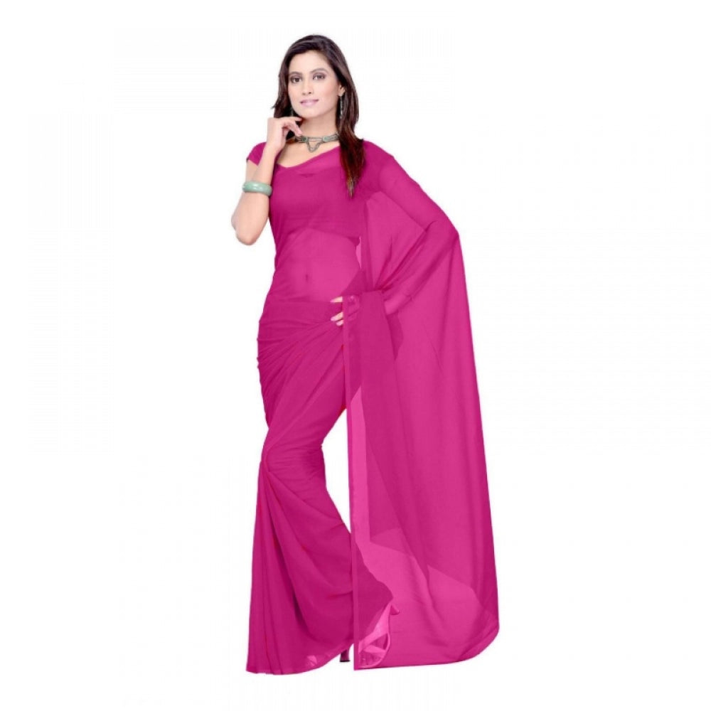 Generic Women's Georgette Plain Saree With Blouse (Wine, 5-6 Mtrs)