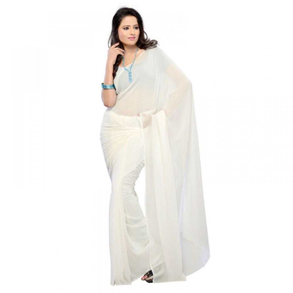 Generic Women's Georgette Plain Saree With Blouse (white, 5-6 Mtrs)