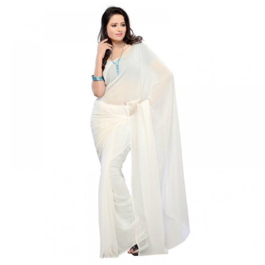 Generic Women's Georgette Plain Saree With Blouse (white, 5-6 Mtrs)