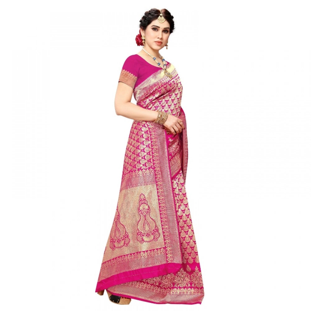 Generic Women's Jacquard Silk Kanjivaram Jacquard Silk Saree With Blouse (Pink, 5-6 Mtrs)