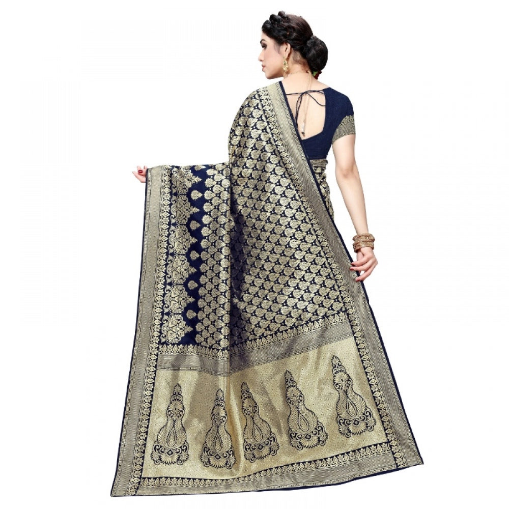 Generic Women's Jacquard Silk Kanjivaram Jacquard Silk Saree With Blouse (Navy Blue, 5-6 Mtrs)