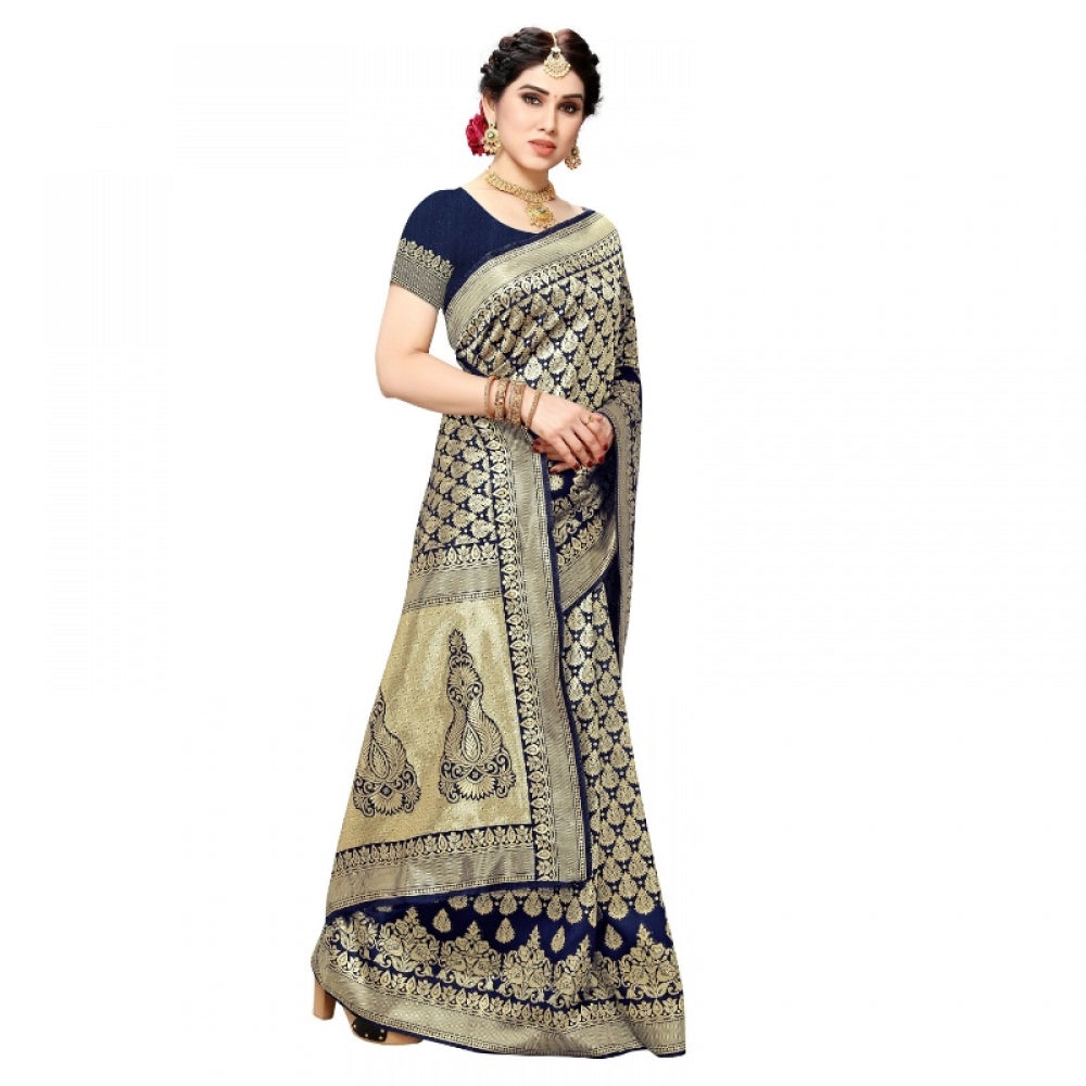 Generic Women's Jacquard Silk Kanjivaram Jacquard Silk Saree With Blouse (Navy Blue, 5-6 Mtrs)