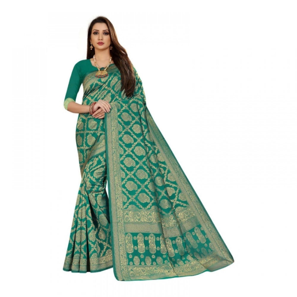 Generic Women's Jacquard Silk Kanjivaram Jacquard Silk Saree With Blouse (Rama, 5-6 Mtrs)