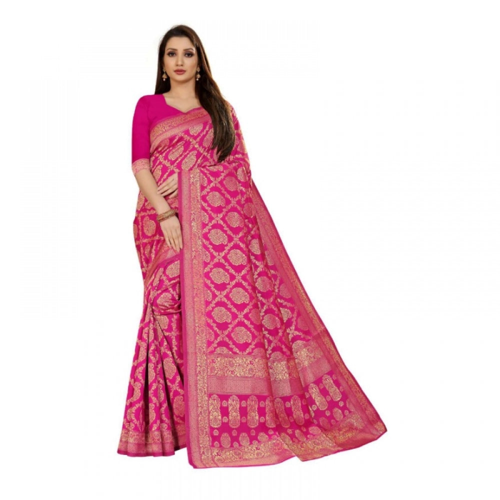 Generic Women's Jacquard Silk Kanjivaram Jacquard Silk Saree With Blouse (Pink, 5-6 Mtrs)