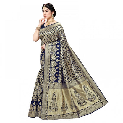 Generic Women's Jacquard Silk Kanjivaram Jacquard Silk Saree With Blouse (Navy Blue, 5-6 Mtrs)