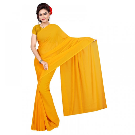 Generic Women's Georgette Plain Saree With Blouse (Gold, 5-6 Mtrs)