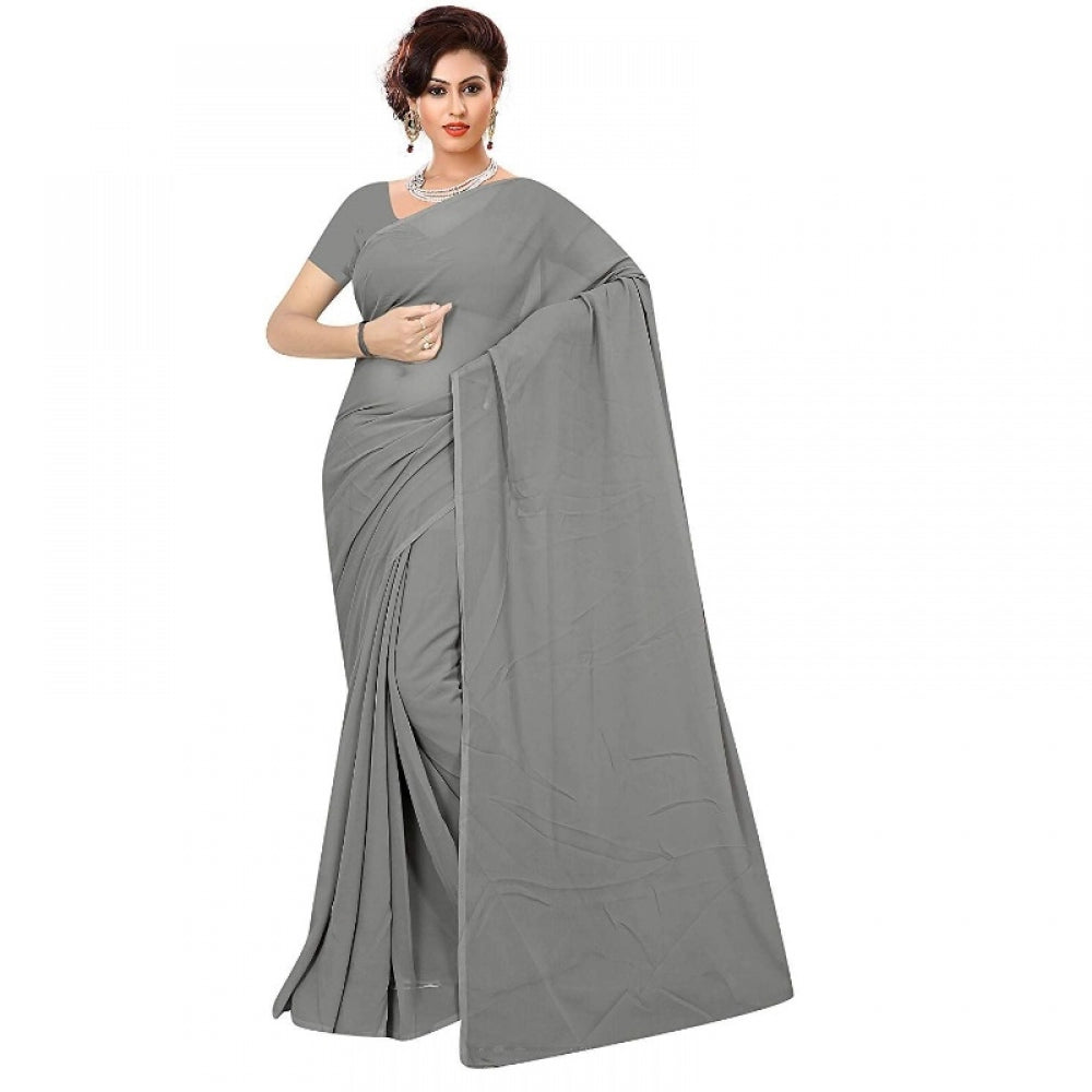 Generic Women's Georgette Plain Saree With Blouse (Grey, 5-6 Mtrs)