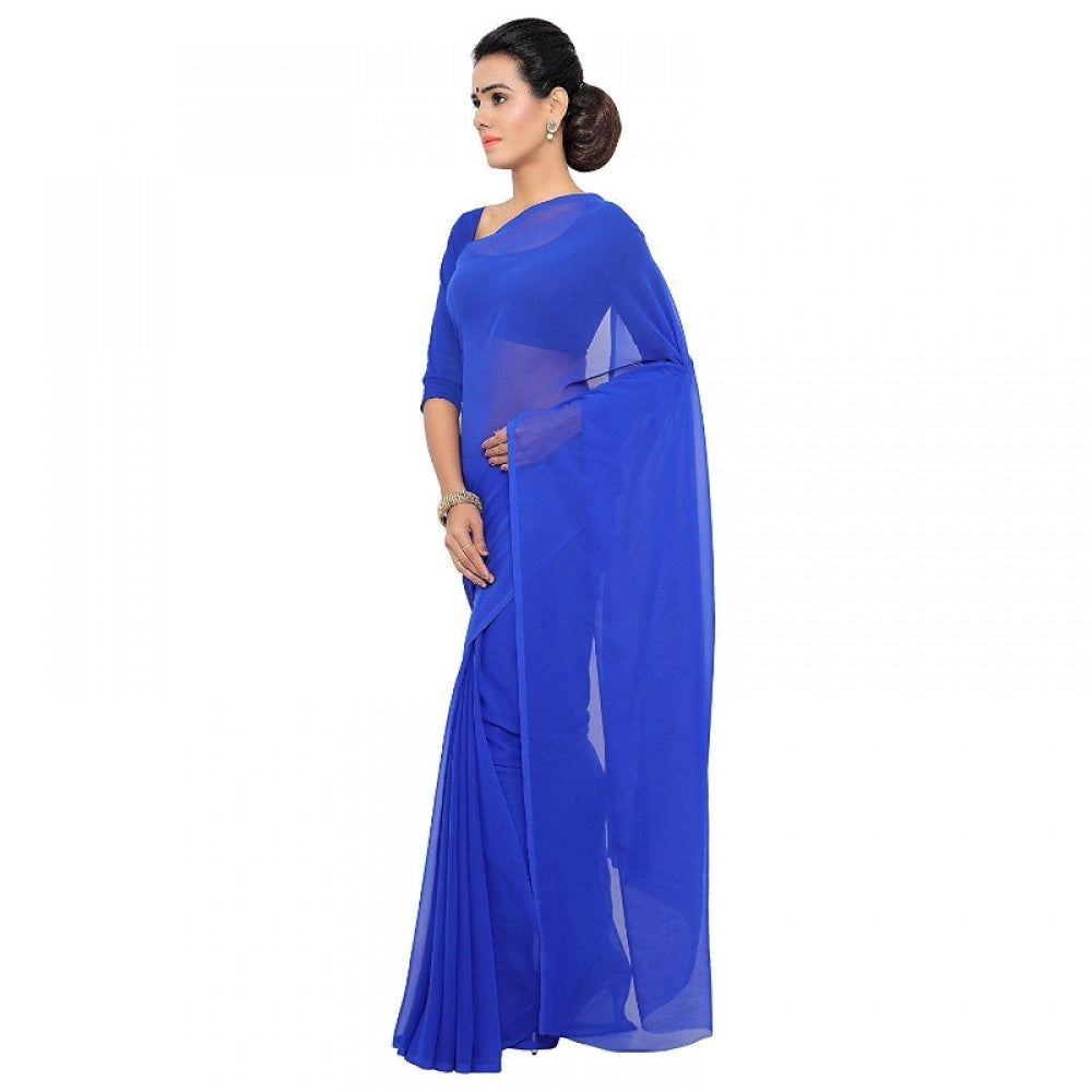 Generic Women's Georgette Plain Saree With Blouse (Royal Blue, 5-6 Mtrs)