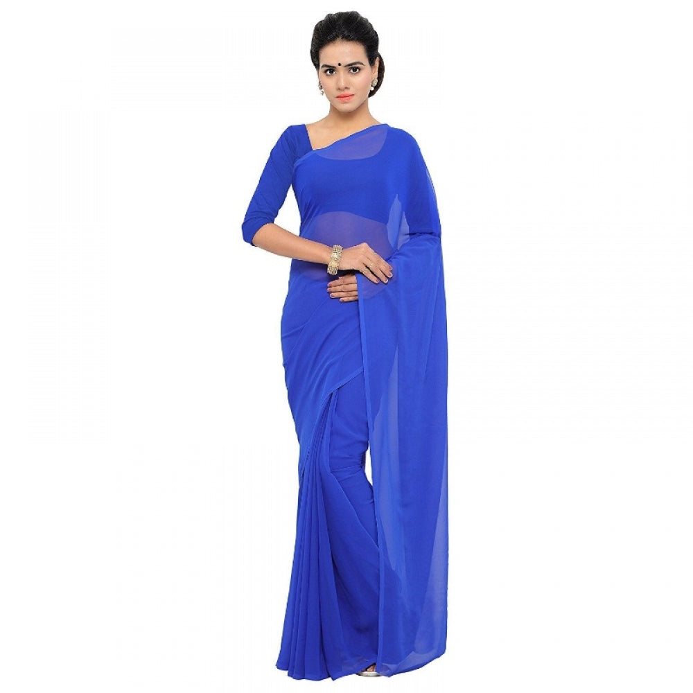 Generic Women's Georgette Plain Saree With Blouse (Royal Blue, 5-6 Mtrs)