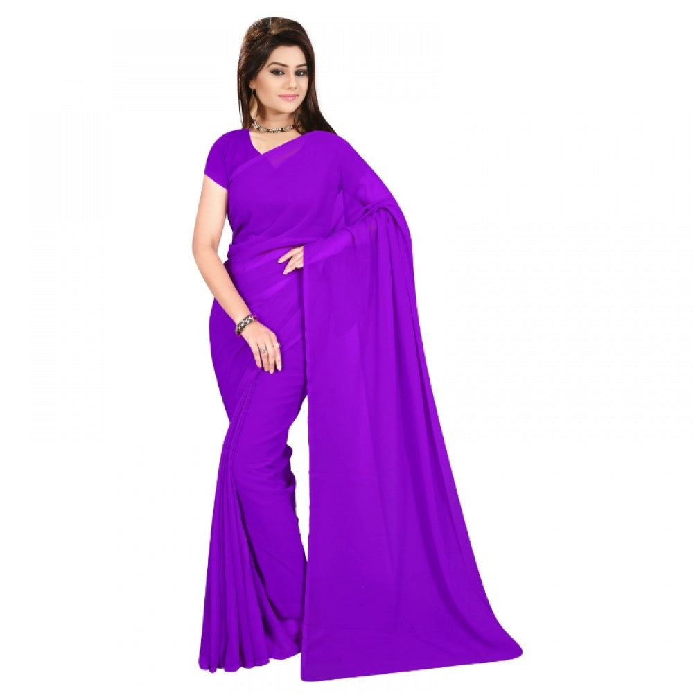 Generic Women's Georgette Plain Saree With Blouse (Purple, 5-6 Mtrs)