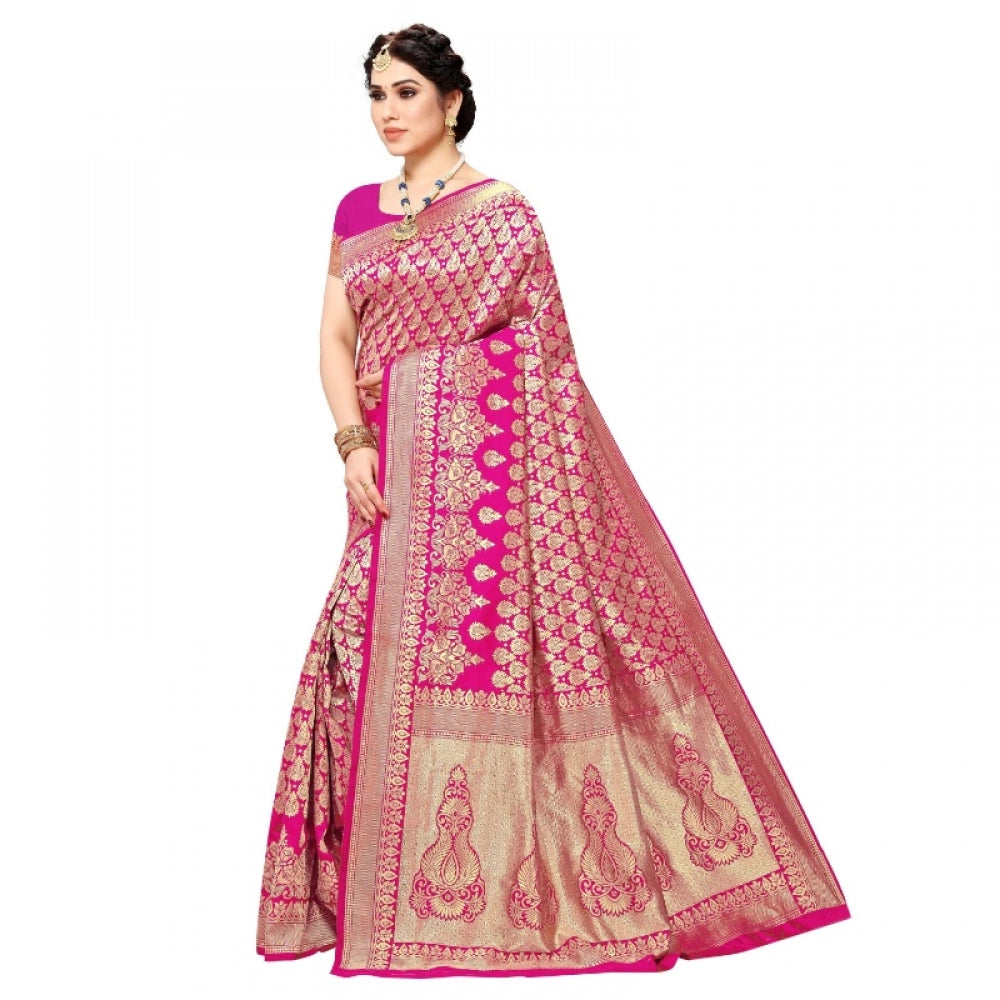 Generic Women's Jacquard Silk Kanjivaram Jacquard Silk Saree With Blouse (Pink, 5-6 Mtrs)