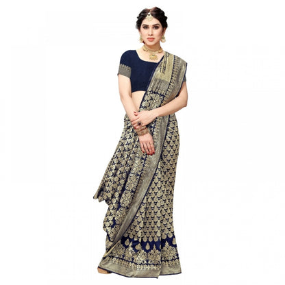 Generic Women's Jacquard Silk Kanjivaram Jacquard Silk Saree With Blouse (Navy Blue, 5-6 Mtrs)