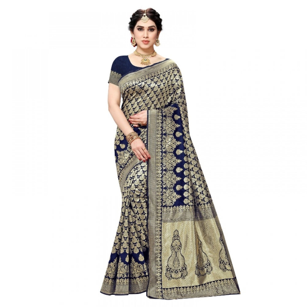 Generic Women's Jacquard Silk Kanjivaram Jacquard Silk Saree With Blouse (Navy Blue, 5-6 Mtrs)