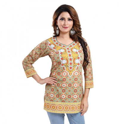 Generic Women's Quarter Sleeve Faux Crepe Printed Short Kurti Tunic Top (Color:Multicolor)