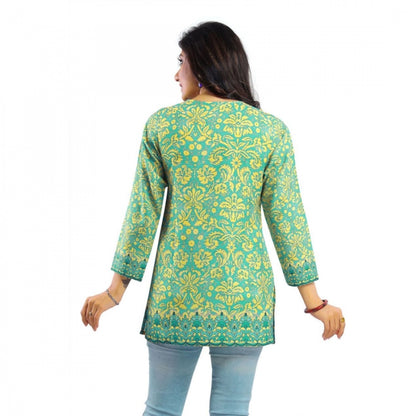 Generic Women's Quarter Sleeve Faux Crepe Printed Short Kurti Tunic Top (Color:Green)