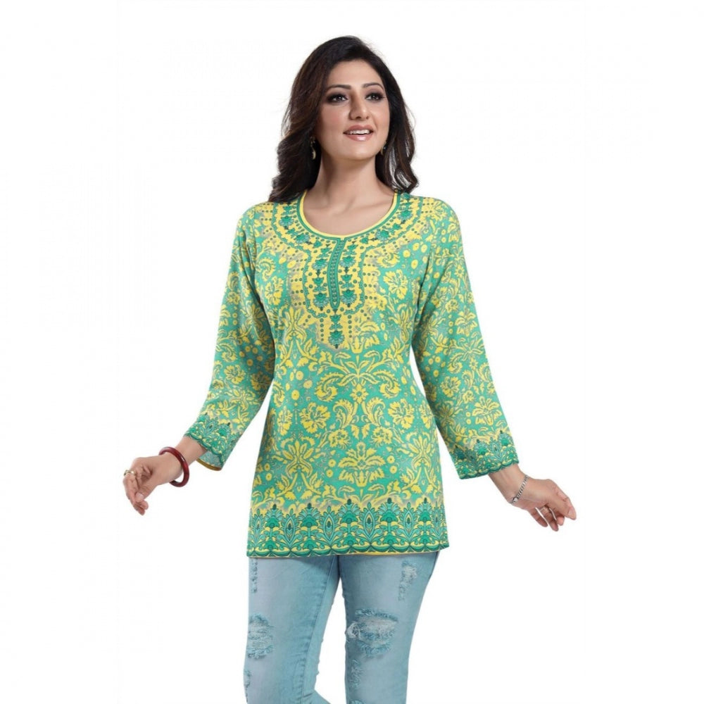 Generic Women's Quarter Sleeve Faux Crepe Printed Short Kurti Tunic Top (Color:Green)