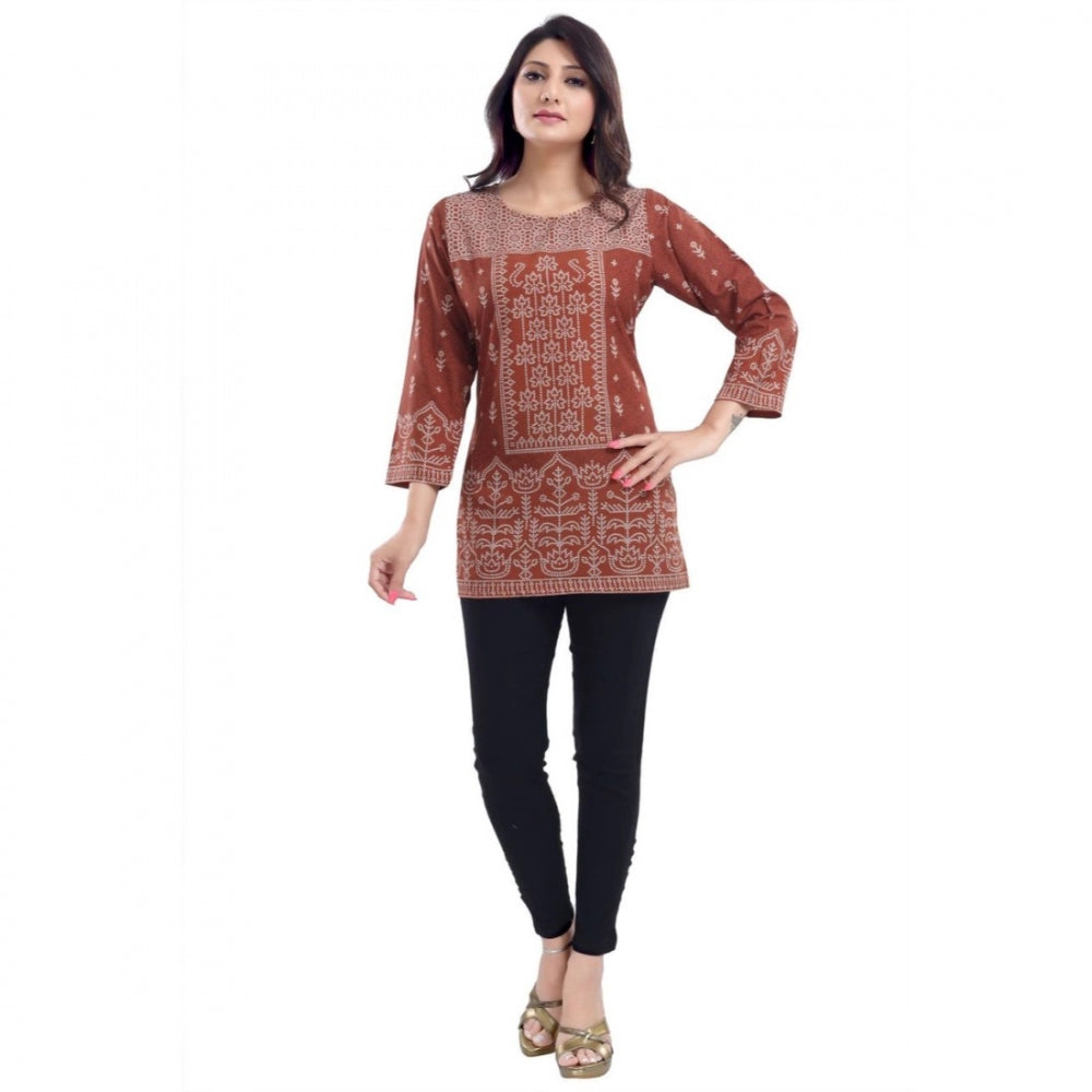 Generic Women's Quarter Sleeve Faux Crepe Printed Short Kurti Tunic Top (Color:Rust)