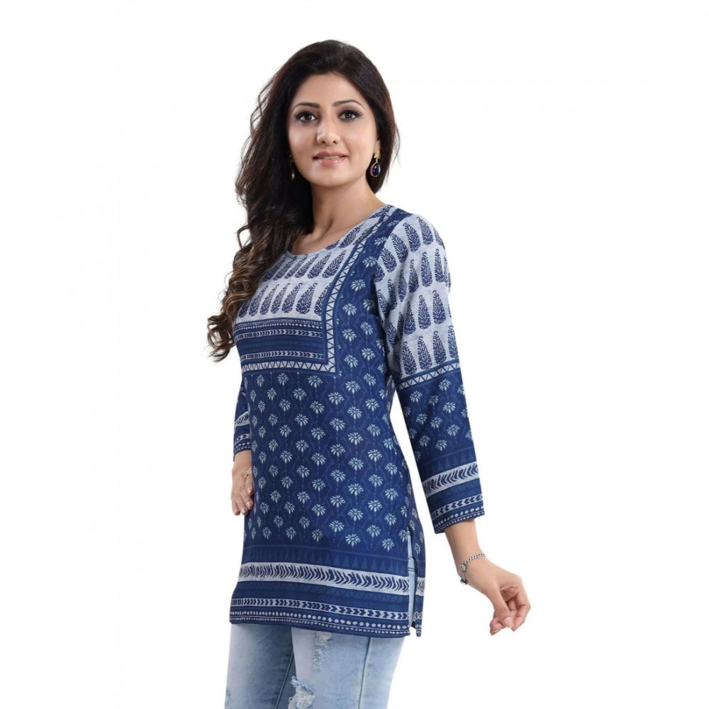 Generic Women's Quarter Sleeve Faux Crepe Printed Short Kurti Tunic Top (Color:Blue)