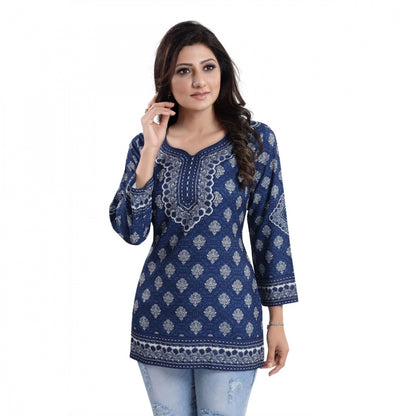 Generic Women's Quarter Sleeve Faux Crepe Printed Short Kurti Tunic Top (Color:Blue)