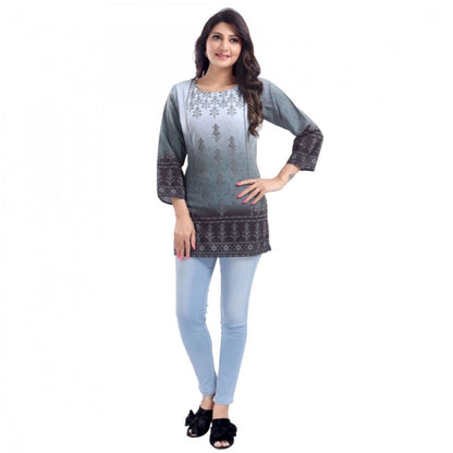 Generic Women's Quarter Sleeve Faux Crepe Printed Short Kurti Tunic Top (Color:Grey)