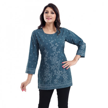 Generic Women's Quarter Sleeve Faux Crepe Printed Short Kurti Tunic Top (Color:Grey)